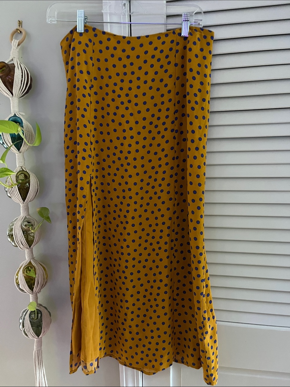 Anthropologie Mustard Midi Skirt with Royal Blue/purplish Polka Dots